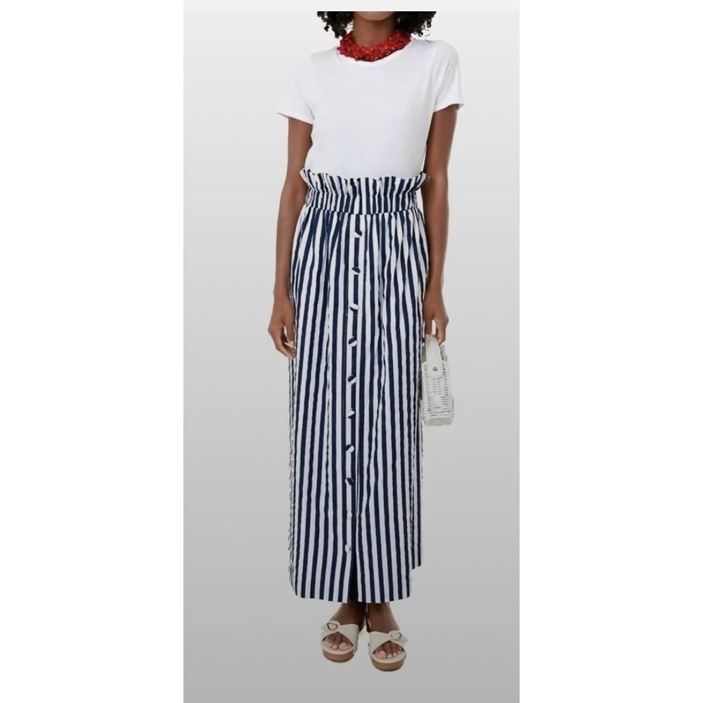 Tuckernuck Pomander Place Navy Blue & White Striped Maxi Button Skirt Sz Small